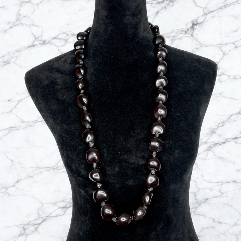 Kukui Nut Lei Hawaiian Tropical Polished Dark Brown Long Pullover Necklace - Picture 2 of 5